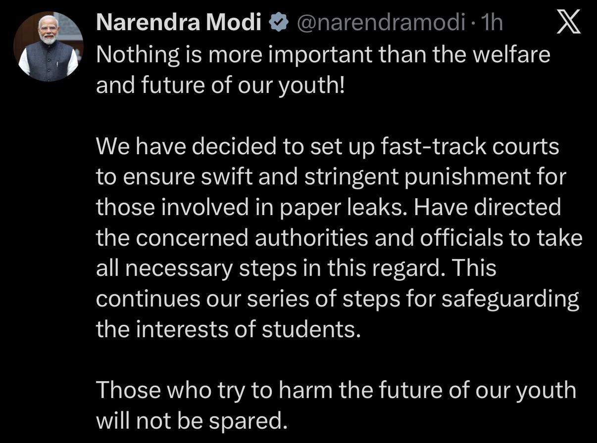 🇮🇳 莫迪就目前学生抗议事件发表评论： 没有什么比青年人的福祉与未来更加重要！ 我们已决定设立快速审理法庭，确保迅速、严厉地惩处所有参与试卷泄露的人。我已指示…
