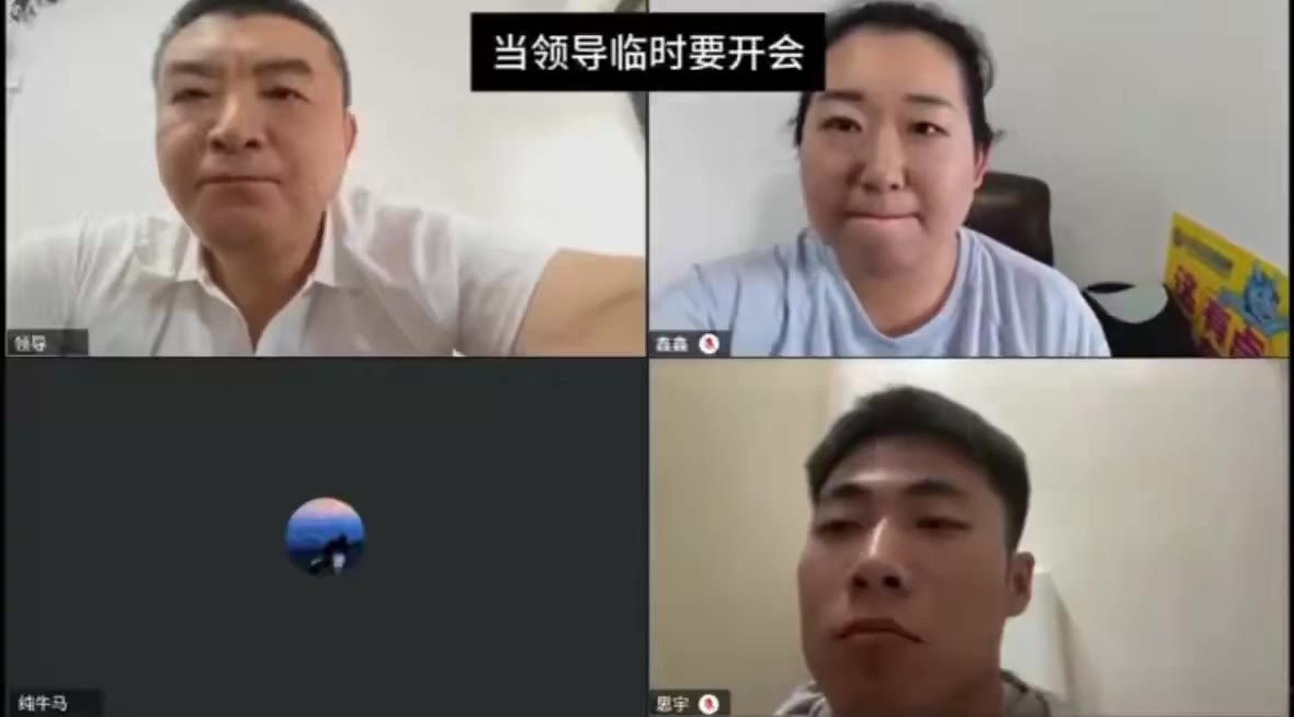 领导要开紧急视频会议，要求男子立马打开视频画面，男子委婉表示自己目前不方便，领导表示没关系立马打开，发现男子居然在水世界造浪池……🤣（右下角这位貌似在厕所？）…